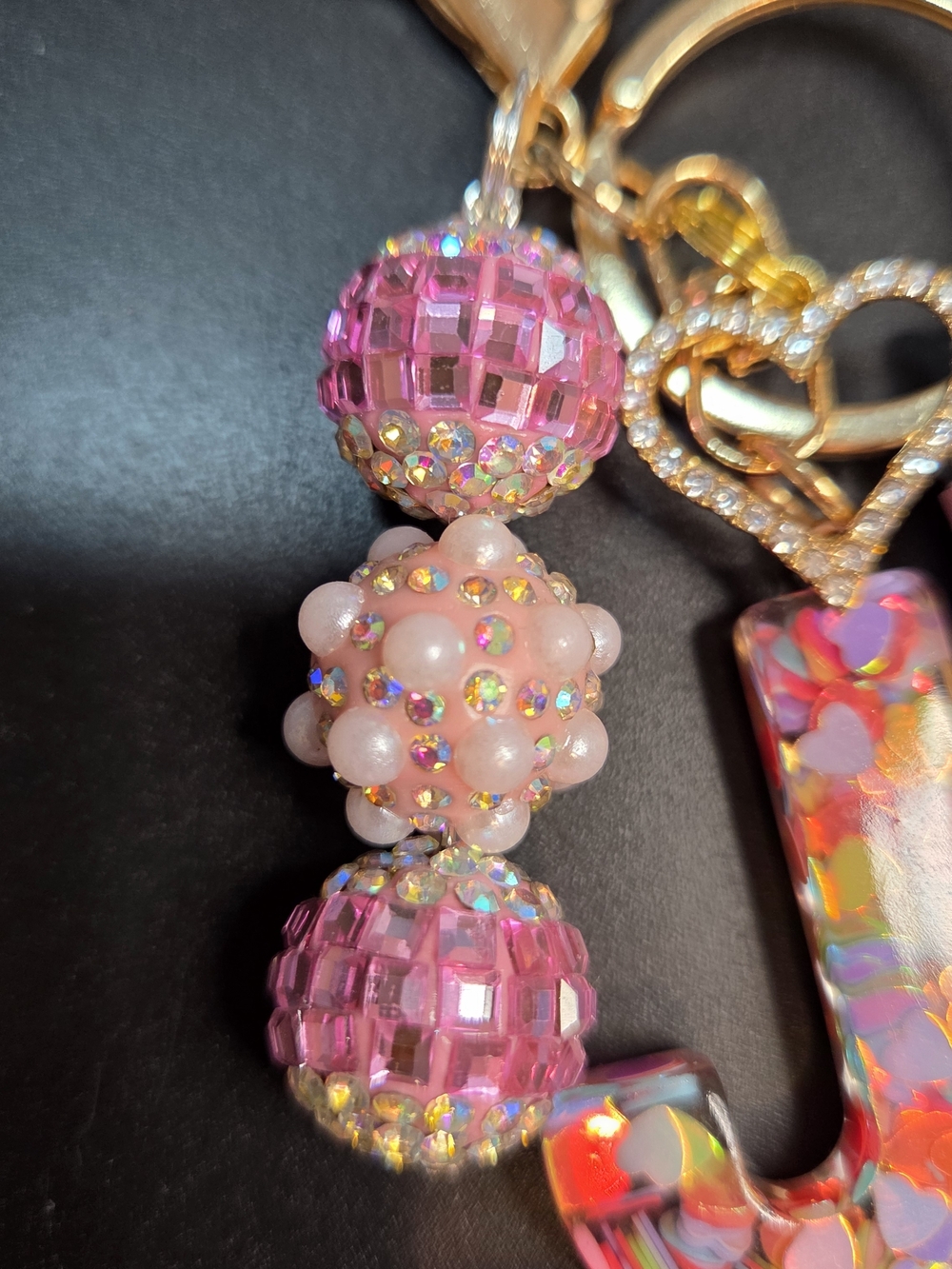Personalized Handmade 'J' Tassel Keychain Charm with Sparkly Beads in Pink - Picture 6 of 12
